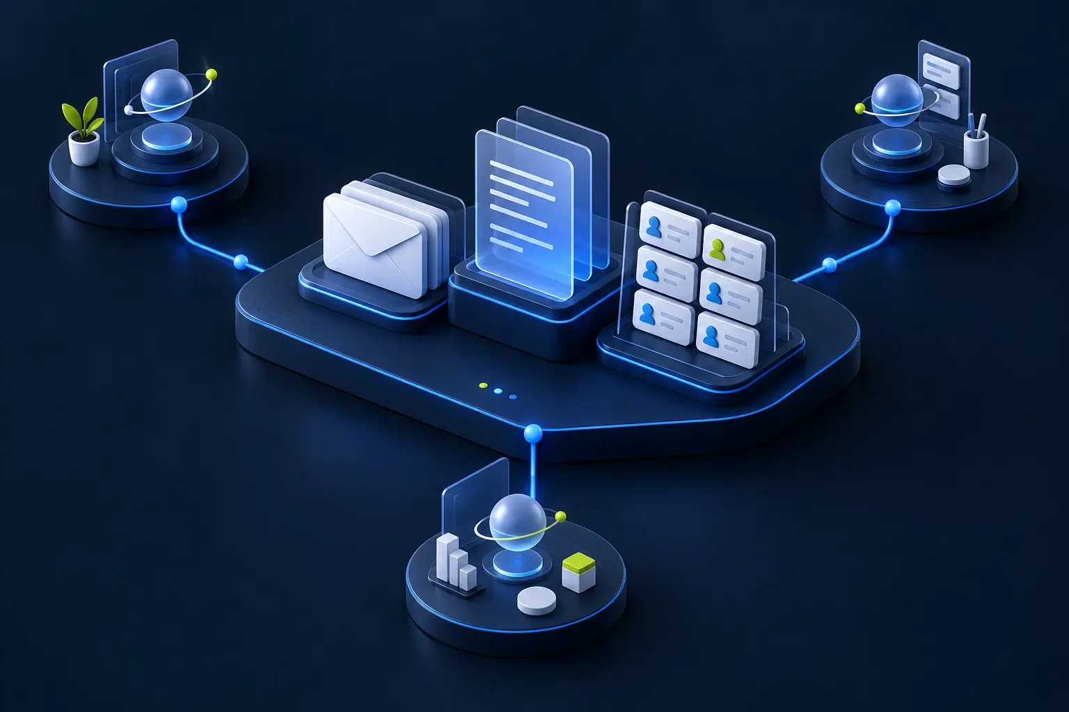 E-Mails, Wissen und CRM im Workspace Drei persönliche Arbeitsstationen verbinden E-Mail, Dokumente und Kundendaten in einem gemeinsamen Arbeitsbereich.