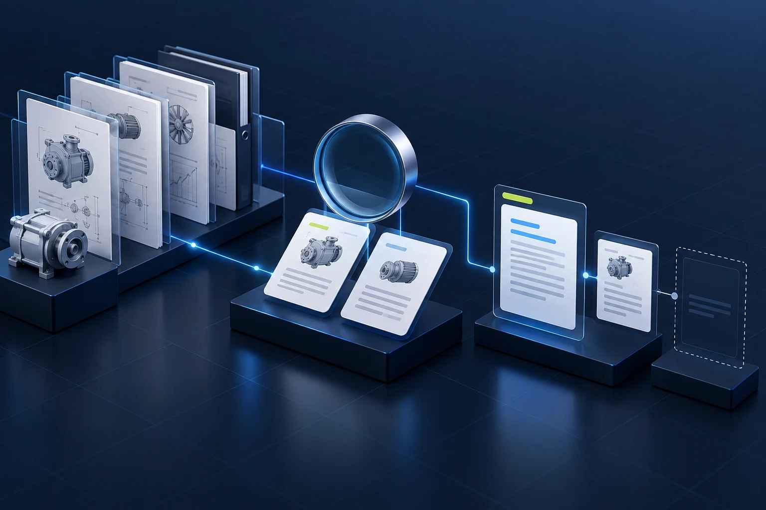 Product documents, an inspection lens and answer cards illustrate the comparison between search results and answers supported by sources.
